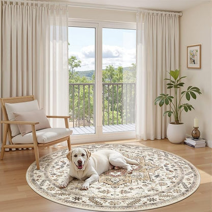 6ft Round Vintage Living Room Area Rug - 6x6 Large Soft Washable Oriental Traditional Distressed Farmhouse Rugs for Bedroom - Indoor Floor Accent Carpet for Home Office House Decor - Golden Taupe