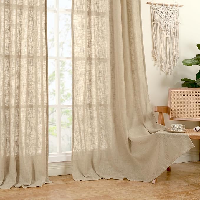 LAMIT Semi Sheer Linen Curtains 54 Inch Length 2 Panels, Brown Light Filtering Panels Back Tab and Rod Pocket Neutral Drapes for Kitchen/Window/Bedroom, 52 x 54 Inch