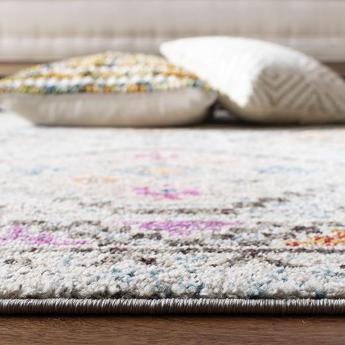 SAFAVIEH Madison Collection Area Rug - 6'7" Square, Grey & Yellow, Boho Diamond Distressed Design, Non-Shedding & Easy Care, Ideal for High Traffic Areas in Living Room, Bedroom (MAD418F)