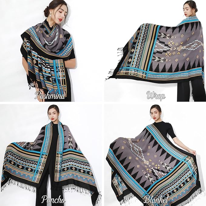 DANA XU 100% Merino Wool Pashmina Shawl for Women 96"x43", Oversized Cashmere Wrap with Tassels, Floral Travel Blanket Cape