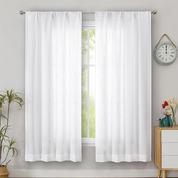 Simplebrand White Faux Linen Textured Curtains 63 Inch Length 2 Panels for Bedroom, Semi Sheer Light Filtering Privacy Farmhouse Curtains, Soft Thick Rod Pocket Window Drapes, 40W x 63L Inch