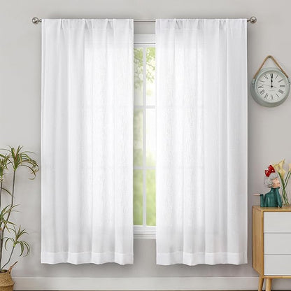 Simplebrand White Faux Linen Textured Curtains 63 Inch Length 2 Panels for Bedroom, Semi Sheer Light Filtering Privacy Farmhouse Curtains, Soft Thick Rod Pocket Window Drapes, 40W x 63L Inch