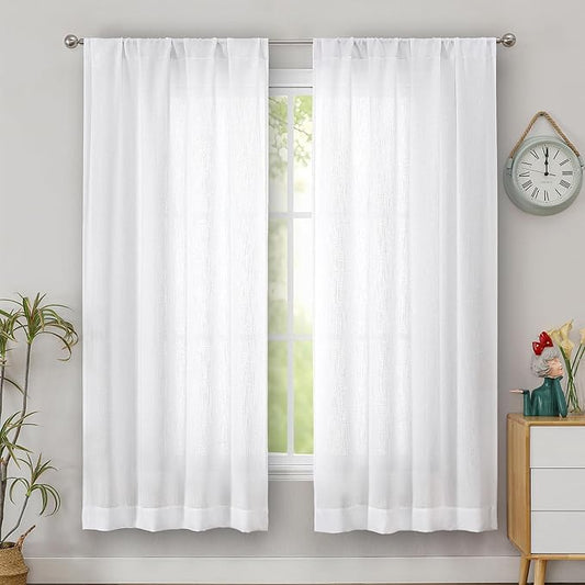 Simplebrand White Faux Linen Textured Curtains 63 Inch Length 2 Panels for Bedroom, Semi Sheer Light Filtering Privacy Farmhouse Curtains, Soft Thick Rod Pocket Window Drapes, 40W x 63L Inch