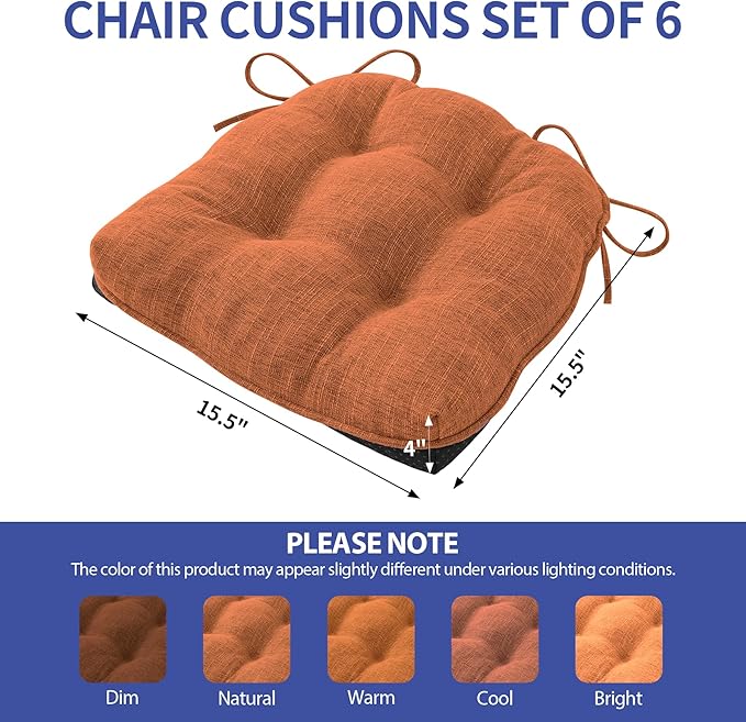 Chair Cushions for Dining Chairs Set of 6, Kitchen Chair Cushions, Chair Pads with Ties and Non Slip Backing, Tufted Memory Foam Seat Cushion 6 Pack, 15.5" x 15.5" x 4", Rust