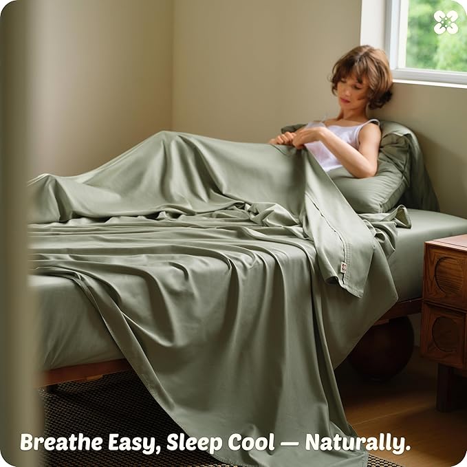 Bedsure Cooling Sheets, Rayon Derived from Bamboo & Cotton Blend, GentleSoft, Breathable, Queen Sheet Set, Deep Pocket Up to 18 Inches, Hotel Luxury Bedding for Hot Sleepers, Tea Green