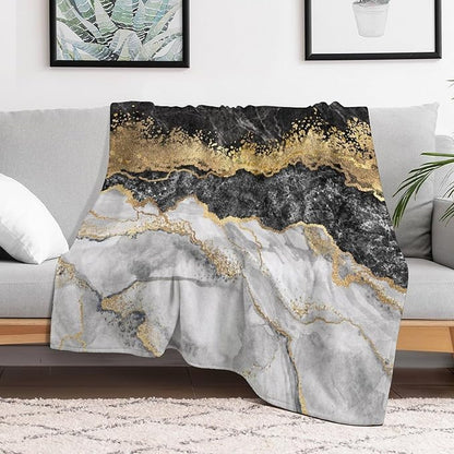 Modern Marble Blanket, Abstract Luxury Baroque Golden Black White Stone Veins Pattern Soft Warm Cozy Plush Flannel Covers for Livingroom Bedroom Couch Chair Camping Travel Home Decor Tapestry 60x80in