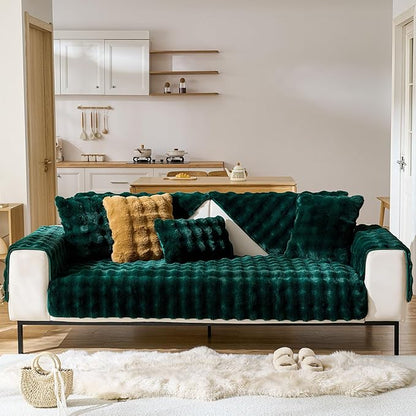 Christmas Faux Fur Decorative Throw Pillow Cover Plush Thick Bubble Pillow Covers Luxury Soft Cozy Accent Pillowcase for Spring Sofa Living Room Couch Bed (Dark Green,12"x20")
