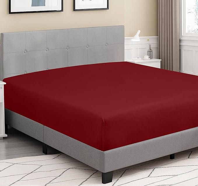 ROYALE LINENS 300 Thread Count 100% Long Staple Combed Cotton Fitted Sheet Queen - Super Soft Deep Pocket Bottom Sheet - Fitted Sheets Only - Elastic Sheets (Queen, Red)