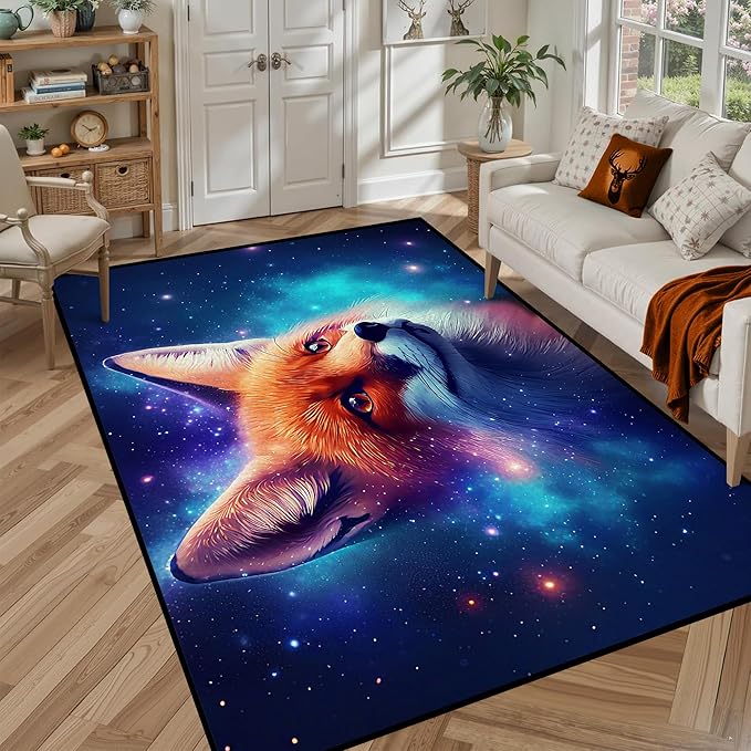 Galaxy Fox Rug 3D Cute Foxes Area Rugs for Bedroom Living Room Playroom Boys Kids Cartoon Colorful Carpet Glitter Stars Throw Rugs Floor Mat 47 in X 31 in