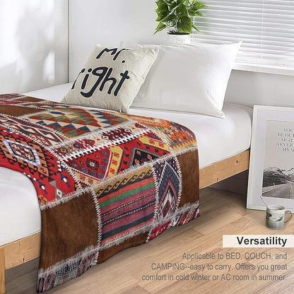 Southwest Aztec Throw Blanket, Native Bohemian Retro Patchwork Traditional Geometric Soft Flannel Blanket Warm Blankets for All Seasons, Bed Couch Sofa 50"x60"