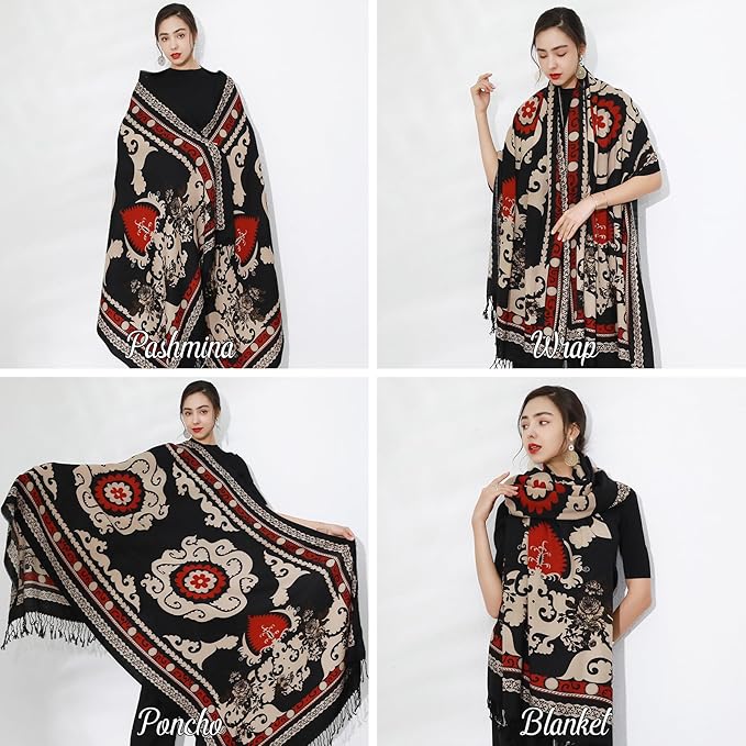 DANA XU 100% Merino Wool Pashmina Shawl for Women 96"x43", Oversized Cashmere Wrap with Tassels, Floral Travel Blanket Cape