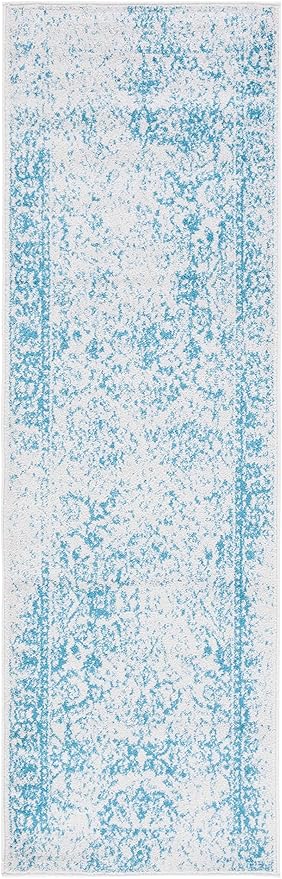 SAFAVIEH Adirondack Collection Runner Rug - 2'6" x 8', Ivory & Teal, Distressed Vintage Floral Design, Non-Shedding & Easy to Clean, Ideal for Hallway, Foyer, Entryway, Bedroom (ADR109D)