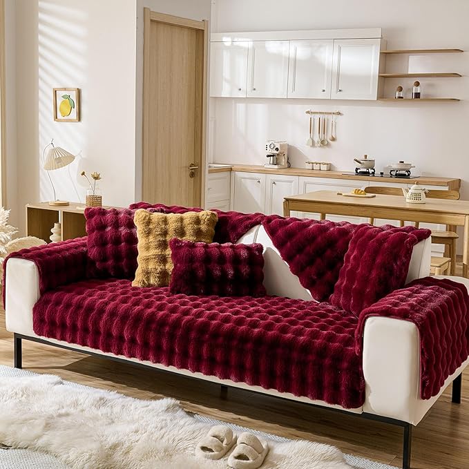 Christmas Faux Fur Armrest Cover Backrest Cover Fuzzy Plush Thick Bubble Sofa Cover Luxury Soft Cozy Couch Cover Anti-Slip Sofa Slipcover Washable Furniture Protector (Wine Red,28"x28")