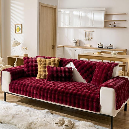 Christmas Faux Fur Couch Cover Fuzzy Soft Plush Thick Bubble Sofa Cover Luxury Sectional Couch Covers Luxury Anti-Slip Sofa Slipcover Washable Furniture Protector (Wine Red,36"x47")