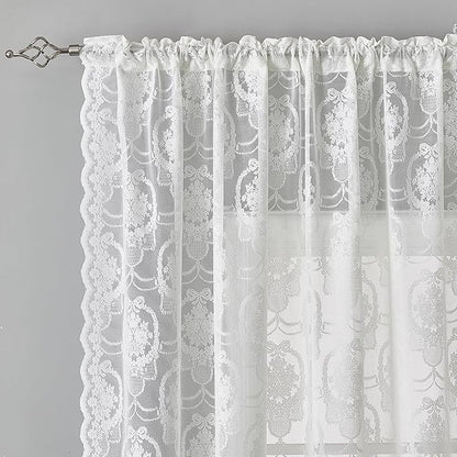 Bright White Vintage Country Floral Lace Sheer Curtains 96 Inches Long -Rod Pocket Light Filtering French Privacy Scalloped Edges Rod Pocket Boho Bedroom ，52 x 96 Inch, 2 Panels