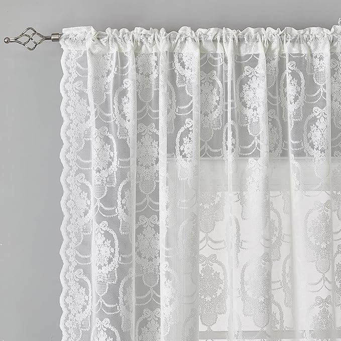 Bright White Vintage Country Floral Lace Sheer Curtains 63 Inches Long -Rod Pocket Light Filtering French Privacy Scalloped Edges Rod Pocket Boho Bedroom ，52 x 63 Inch, 2 Panels