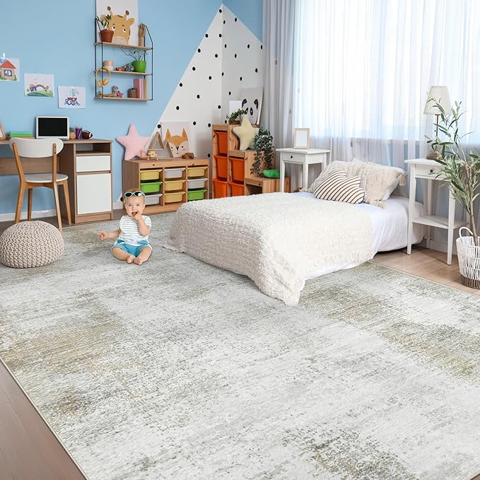 9x12 Area Rugs for Living Room: Washable Modern Abstract Rug Large Soft Non-Slip Rugs Indoor Low-Pile Carpet for Bedroom Dining Room Home Office (Beige, 9'x12')