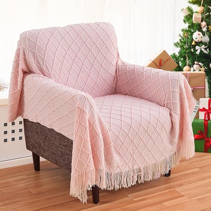 inhand ChristmasThrow Blankets for Couch, Gifts for Women Cozy Home Decor Knit Blanket, Pink Lightweight Decorative Blankets and Throws, Farmhouse Warm Woven Blanket for Men and Women, 50"x60"
