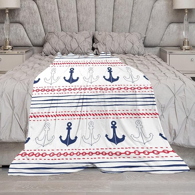Anchor Blanket Vintage Navy Blue Red Stripe Nautical Anchor Abstract Art Printed Soft Cozy Lightweight Throw Blanket for Kids Girls Boys Women Bedroom Living Room Dorm Chair Sofa Travel 50x60in