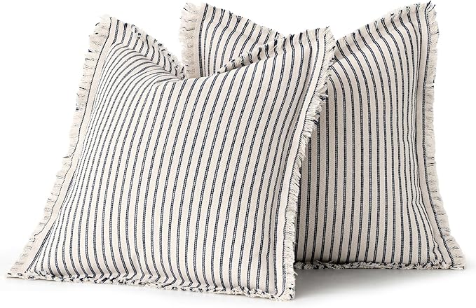 MIULEE Pack of 2 Navy Blue Pillow Covers 18x18 Inch Striped Farmhouse Couch Throw Pillow Covers with Fringe Chic Linen Decorative Cushion Covers for Sofa Living Room Bed Outdoor Home Decor