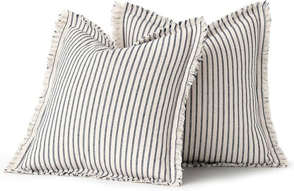 MIULEE Pack of 2 Navy Blue Pillow Covers 26x26 Inch Striped Farmhouse Couch Throw Pillow Covers with Fringe Chic Linen Decorative Cushion Eruo Sham for Sofa Living Room Bed Outdoor Home Decor