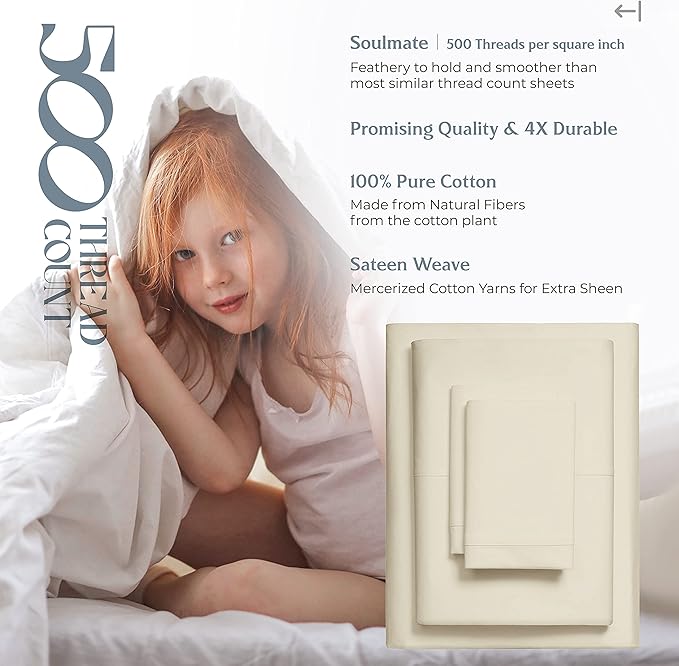 Mayfair Linen 500 Thread Count Full Cotton Sheets - 4 PC Full Size Bed Sheet Set Cotton (Sand), Soft, Cooling, Sateen Hotel-Quality 16" Deep Pocket Bedsheet for Hot Sleepers (Fits 18" Mattress)
