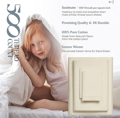 Mayfair Linen 100% Cotton Bed Sheets Queen Set - 500 Thread Count Cotton Sheets for Queen Size Bed, 4 PC Set (Sand), Ultra Soft, Cooling, Sateen Weave 16" Deep Pocket Bedsheet for Hot Sleepers