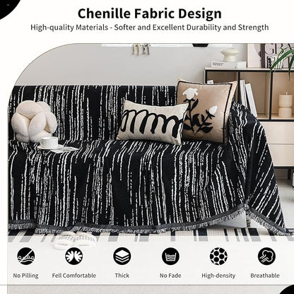 Chenille Couch Cover Pet Friendly, Sofa Cover Washable, Reversible Sofa Slipcover for Sectional Sofa, Loveseat, 2 or 3 Cushion Couch, Corner Sofa, Futon Cover (71" X 102", Black)