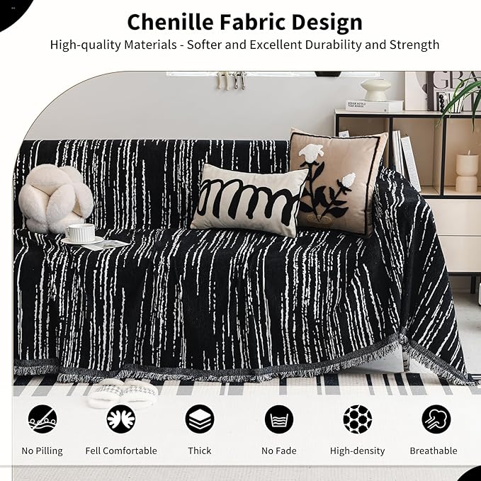 Chenille Couch Cover Pet Friendly, Sofa Cover Washable, Reversible Sofa Slipcover for Sectional Sofa, Loveseat, 2 or 3 Cushion Couch, Corner Sofa, Futon Cover (71" X 134", Black)