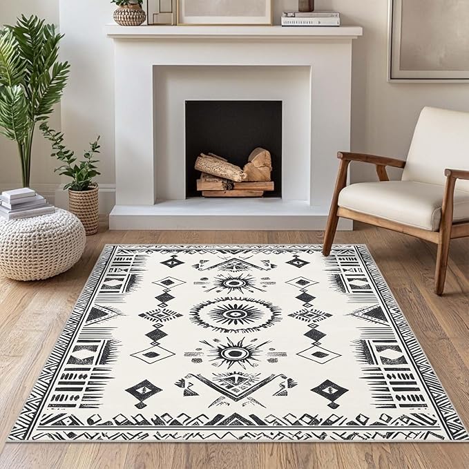4x6 Western Area Rug Southwestern Tribal Black White Rug Non Slip Low Pile Large Carpet for Home Kitchen Living Room Bedroom Dining Room Office