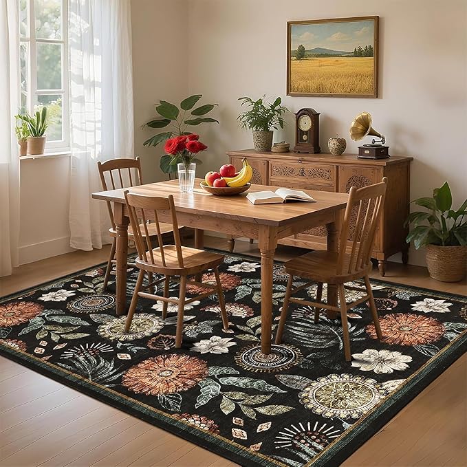 GarveeHome 4x6 Floral Washable Area Rug: Large Living Room Area Rug with Non-Slip Backing Washable Ultra Soft Bedroom Floral Carpet Indoor Stain Resistant Carpet for Dining Room 4 * 6 ft Black