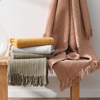 100% Cotton Waffle Blanket with Fringe, Pre-Washed Waffle Weave Blanket for All Season, Lightweight Breathable Soft Cozy Throw Blanket for Couch, Bed, Travel (Sage Green - 50x60 Inches)