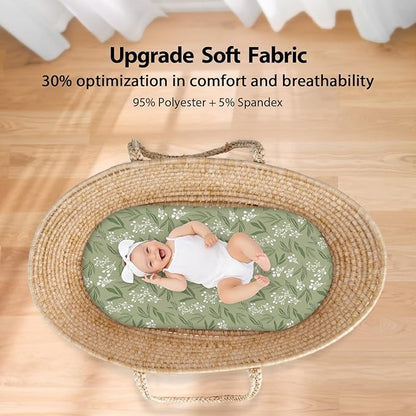 Baby Bassinet Sheets Girl Boy, Fitted Bassinet Sheet Set 3 Pack Bassinet Mattress Sheets Universal Fit for Rectangle, Round, Oval, Hourglass Mattress, Soft Breathable Green & Brown Fox