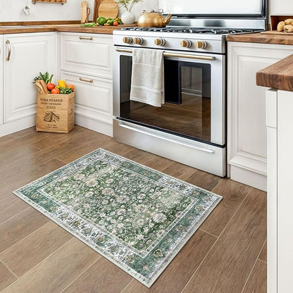 KUTA Vintage Floral Green Entryway Rug 2x3, Kitchen Rugs Non-Slip Washable Throw Rug, Ultra Thin Soft Print Front Door Mat Indoor Doormat for Entrance, Bedside, or Small Spaces