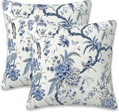 Chinoiserie Throw Pillow Cover Case Blue White Flowers Throw Pillows Set of 2 Super Soft Pillow Covers 18x18 Inches Farmhouse Home Decor for Living Room Bedroom Sofa Couch Cushion Cover