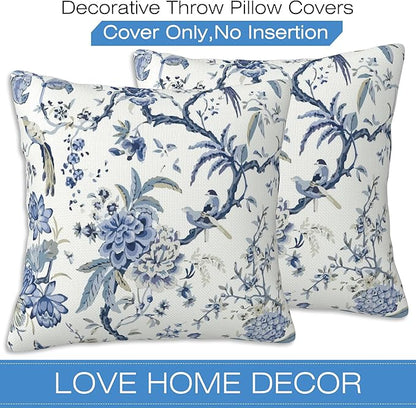 Chinoiserie Throw Pillow Cover Case Blue White Flowers Throw Pillows Set of 2 Super Soft Pillow Covers 18x18 Inches Farmhouse Home Decor for Living Room Bedroom Sofa Couch Cushion Cover