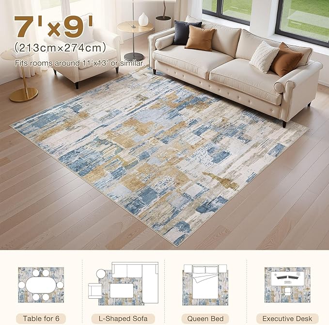 Abstract Living Room Rug 7x9 - Modern Washable Soft Thin Area Rug for Living Room Bedroom Under Dining Table - Neutral Indoor Floor Rug Carpets for Home Office Playroom Nursery - Blue Gold