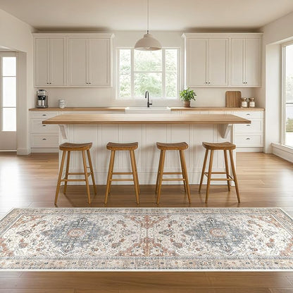 Runner Rug Kitchen Washable Rugs: 3x10 Non-Slip Boho Vintage Distressed Stain Resistant Indoor Neutral Farmhouse Throw Carpet for Hallway Bathroom Laundry Room Entryway Bedroom- Beige Blue