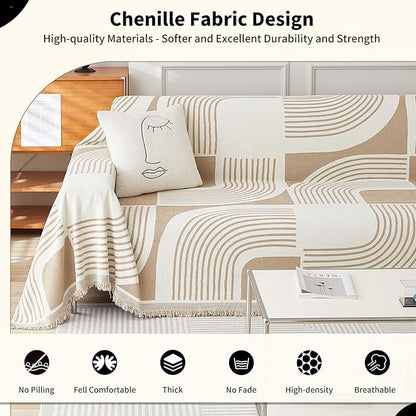 Boho Couch Cover Sofa Covers Washable, Chenille Couch Covers for 3 Cushion Couch Sofa Pet Friendly, Bohemian Sofa Slipcovers for Sectional Sofa, Loveseat, 2 3 4 Seater (71" x 134", Khaki)