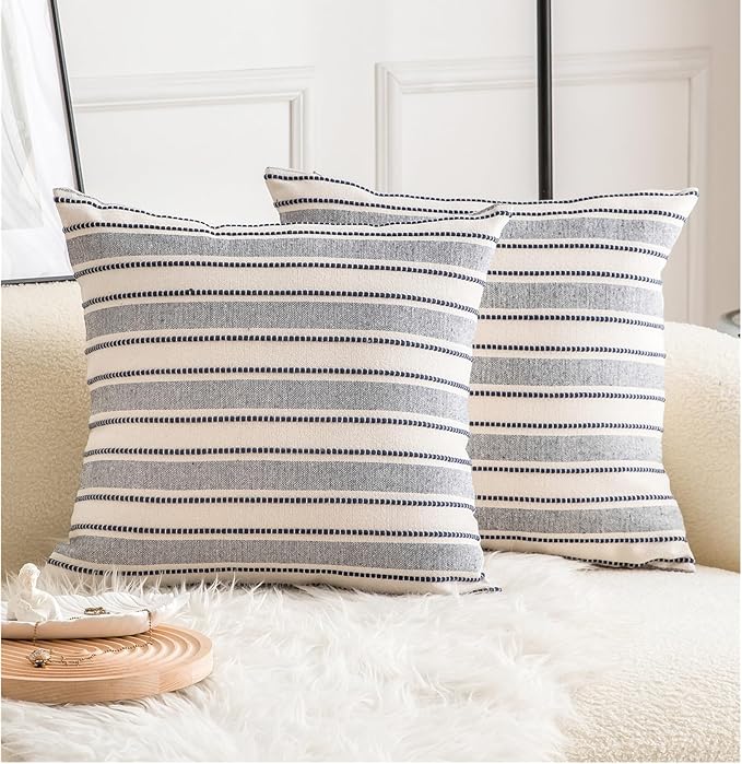Decorative Boho Throw Pillow Covers, Farmhouse Textured Pillow Case, 18 x 18 Inch Set of 2, Chair Sofa Bedroom Living Room Decor Couch Cushion Case, Navy Blue and Beige Striped
