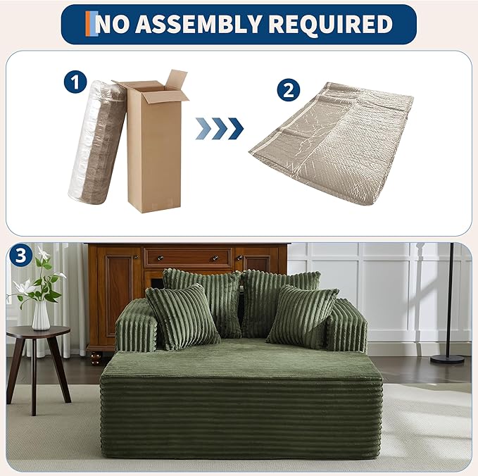 61" Oversized Chaise Lounge Chair Indoor, Boneless Couch Cloud Fluffy Chaise Lounges Corduroy Upholstered Sofa Bed w/Throw Pillows for Living Room Home Green