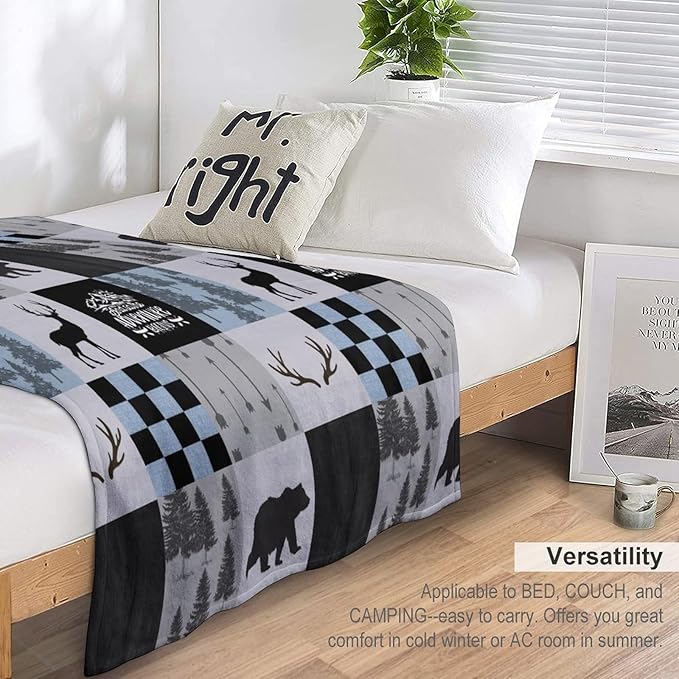 Bear Cabin Plaid Blanket, Rustic Retro Bear Deer Patchwork Gray Blue Farmhouse Throw Blanket for Couch Bed Living Room, 40"x50"