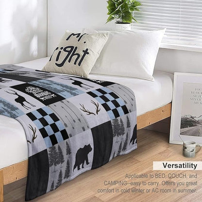 Bear Cabin Plaid Blanket, Rustic Retro Bear Deer Patchwork Gray Blue Farmhouse Throw Blanket for Couch Bed Living Room, 40"x50"