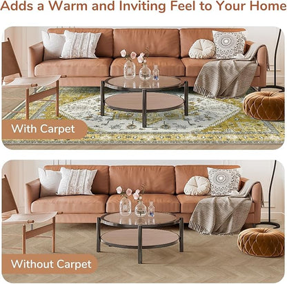 OPPODREAM Thin Area Rugs 9x12 Living Room, Washable Rugs 9x12 with Non Slip Backing, Faux Cashmere Low-Pile 9 x 12 Carpet, Yellow