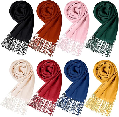 Suhine 8 Pcs Winter Scarves Bulk for Women Lightweight Blanket Scarf with Tassel Edge Pashmina Shawl for Women Men