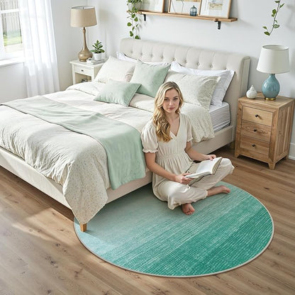Wonnitar Modern Ombre Round Area Rugs, 5ft Washable Large Teal Circle Rugs for Living Room, Non-Slip Soft Circular Low Pile Floor Throw Carpet for Bedroom Bathroom Kitchen (Teal, Round 5ft)