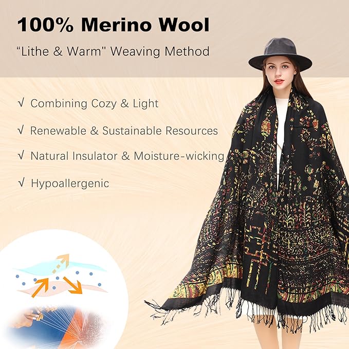 DANA XU 100% Merino Wool Pashmina Shawl for Women 96"x43", Oversized Cashmere Wrap with Tassels, Floral Travel Blanket Cape
