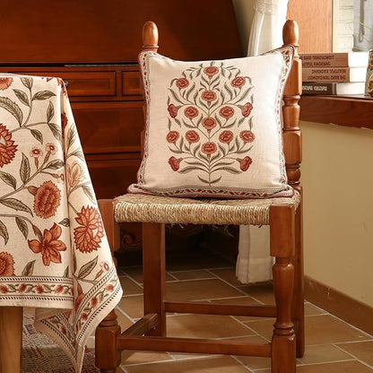 ISAENNE Design Linen Square Vintage Throw Pillow Covers 18"x18" Pack of 2, Brick Red Cushion Covers with Orange Floral Green Leaves Pattern Decoration Pillowcases for Bed,Living Room,Outdoor,Car