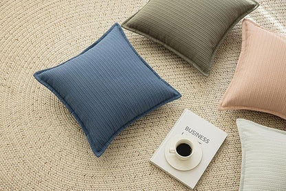 Set of 2 Herringbone Patterned Flange Throw Pillow Covers for Couch and Bed - 20"x20", Steel Blue