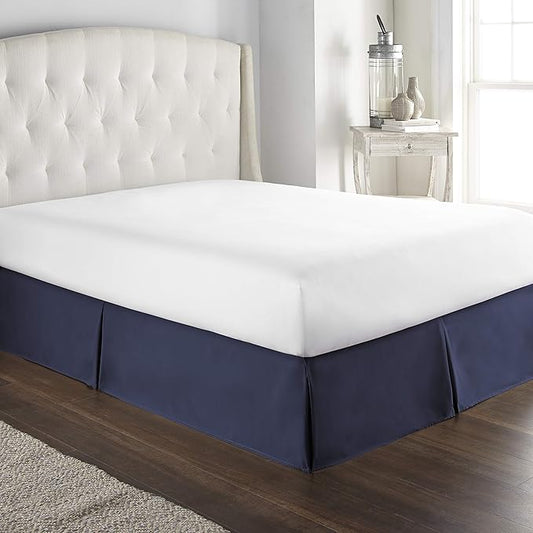 100% Cotton 800 Thread Count Box Pleated Bed Skirt - Luxury Pleated Dust Ruffle, Hotel Quality Modern Bed Skirt, Easy Fit with 12 Inch Tailored Drop, Queen, Navy Blue
